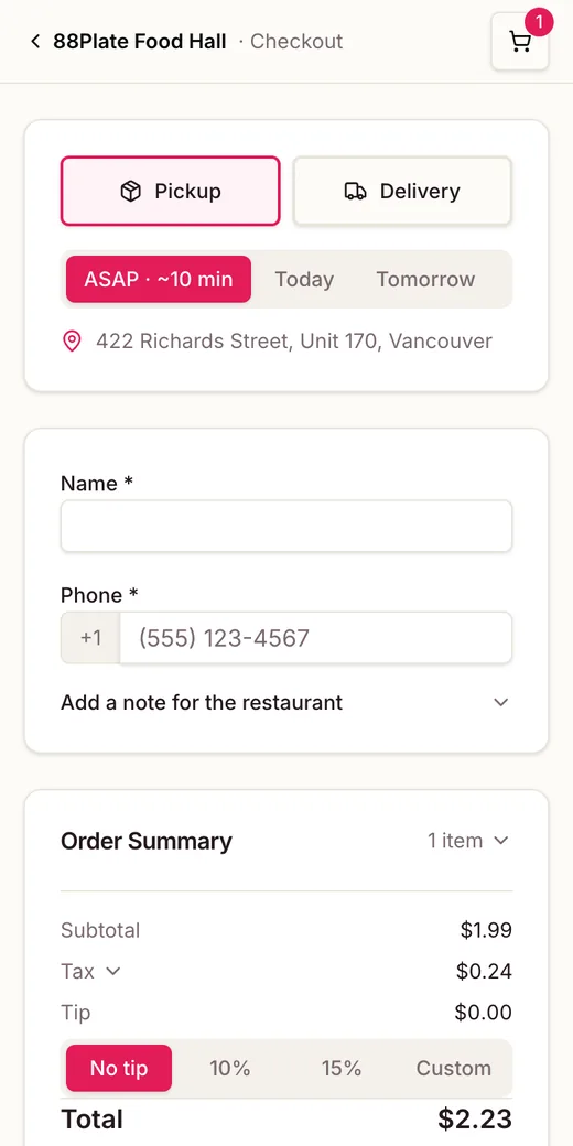 Checkout on a phone: pickup selected, ready in about 10 minutes