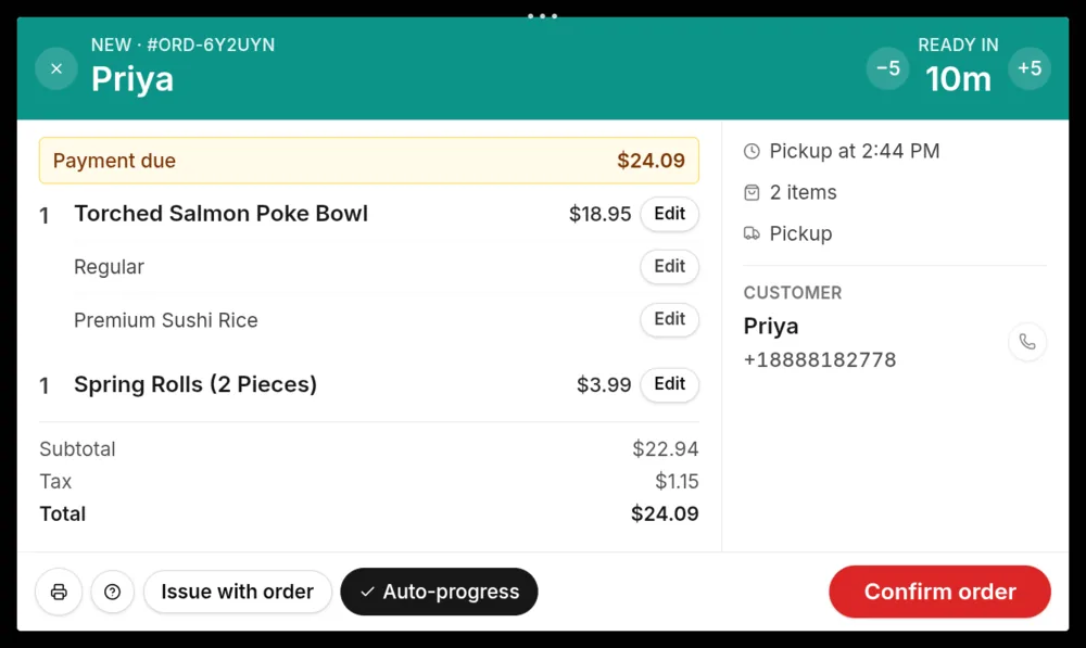 A new order open on the kitchen tablet, with the ready time and a Confirm button