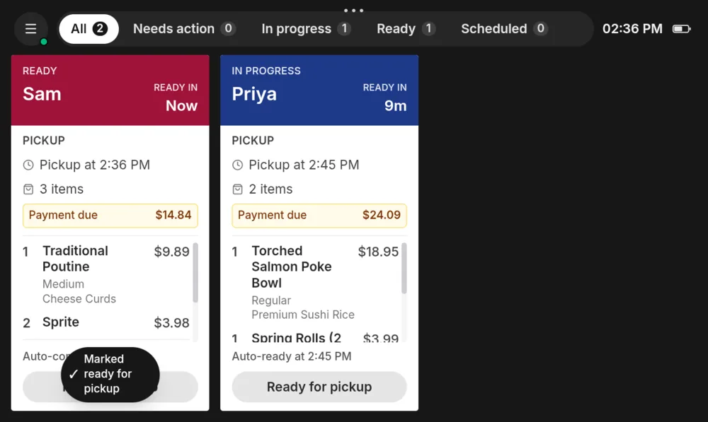 The order board on the tablet: one order ready, one in progress