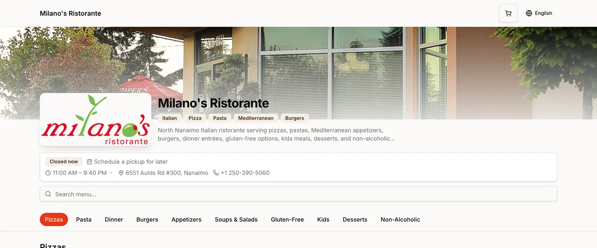 Milano's Ristorante — ordering site